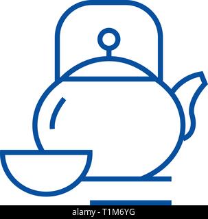 Kettle and cup,tea ceremony line icon concept. Kettle and cup,tea ceremony flat  vector symbol, sign, outline illustration. Stock Vector