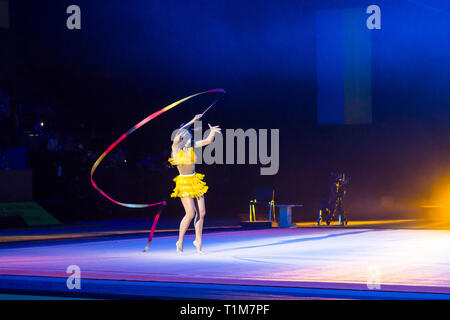 KYIV, UKRAINE - MARCH 17, 2019:  Nastasya Generalova (USA) at gala concert of Deriugina Cup Grand Prix (Rhythmic Gymnastics International Tournament Stock Photo