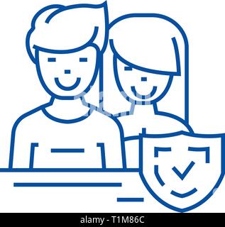 Man and woman,front,shield line icon concept. Man and woman,front,shield flat  vector symbol, sign, outline illustration. Stock Vector