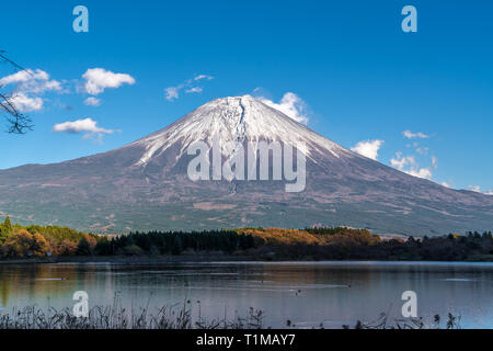 Beautiful clear sky Sunset, ducks swimming at Tanuki Lake(Tanukiko). Fuji mountain reflections, first snow in autumn season. Located near Tokai Nature Stock Photo