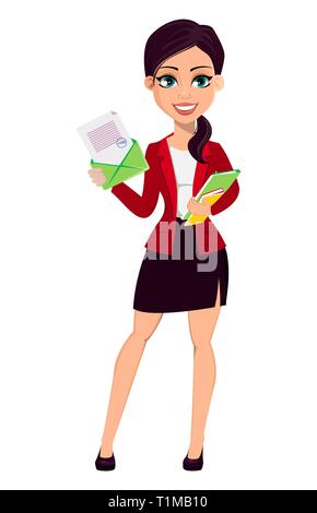 Businesswoman cartoon character. Confident young manager. Beautiful business woman holding envelope and documents. Vector illustration. Stock Vector