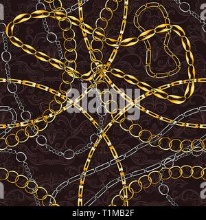 Golden, silver chains hand drawn seamless pattern. Abstract ornate texture. Damask filigree sketch background. Baroque style vintage illustration. Textile, wallpaper, wrapping paper flourish design Stock Vector