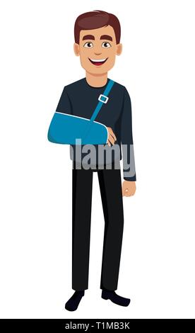 Man with a broken arm. Cheerful cartoon character with a plaster splint. Healthcare concept. Vector illustration. Stock Vector