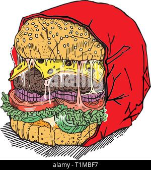 Monster burger. Meat cutlet, cheese, tomatoes, cucumbers, onions, salad, sauce on a sesame bun in a wrap. Angry brutal hamburger. Hand drawn sketchy s Stock Vector