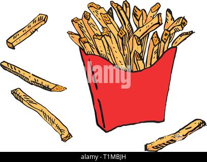 A pack of french fries. Hand drawn sketchy style ink illustration. Menu, fast food, junk food. Stock Vector