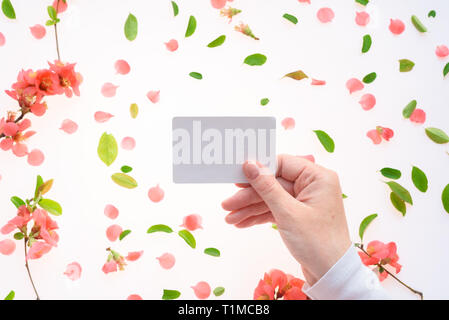 Woman holding blank white business card mock up in hand over white background with blooming springtime flower petals and leaves scattered around Stock Photo