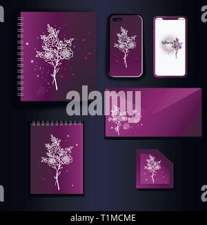 Corporate Identity Style Layout - Beautiful stylish stationery and design for smartphones - Purple gradient and a beautiful bouquet print of flowers.  Stock Vector