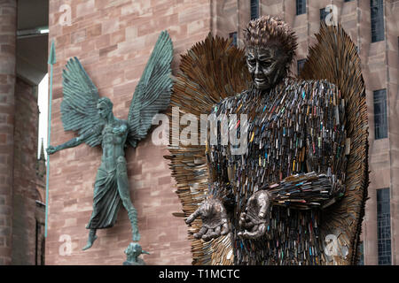 Coventry is the current city hosting the Knife Angel on its journey across the UK. The Angel has been erected outside of Coventry Cathedral, Stock Photo