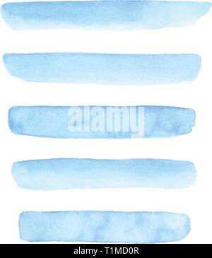 Set of hand painted blue vector watercolor brush stroke textures for your design. Isolated on the white background. Stock Vector
