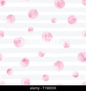 Vector polka dot seamless pattern on the stripped background. Pink circles and gray strokes. Stock Vector