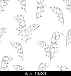 Lily of the valley floral seamless pattern, black and white drawing, coloring, vector illustration. Outline buds flowers bluebells, stalk and leaves i Stock Vector