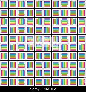 Geometric seamless pattern with multicolored cross lines, rainbow colors braided ornament, prism graphic texture. Decorative bright strokes background Stock Vector