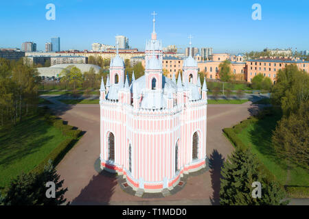 Chesme Church close-up on a sunny May day (shot from a quadrocopter). Saint-Petersburg, Russia