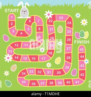Vector cartoon style illustration of kids Easter board game with holiday symbols. Template for print. Stock Vector