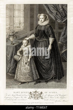 Mary Queen of Scots (1542 - 1587) with her son, the future James VI and I (James Charles Stuart 1566–1625), portrait, engraving, 1779 Stock Photo