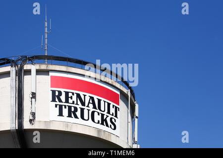 Saint-Priest, France - September 8, 2018: Renault Trucks logo on a pole. Renault Trucks is a French commercial truck and military vehicle manufacturer Stock Photo