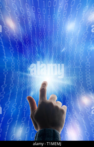 hand touching a deformed binary screen, Stock Photo