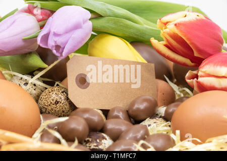 Arrival of spring and celebration of Easter with a blank label for your text Stock Photo