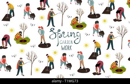 People working in the garden over planting, developing the land and treating trees from pests. Vector illustration Stock Vector