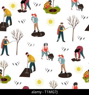 Seamless pattern with people working in the garden over planting, developing the land and treating trees from pests. Vector Stock Vector