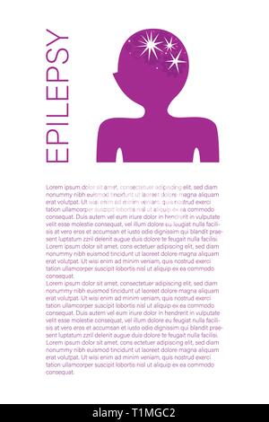 Epilepsy article page template with text space. Scientific medical research magazine page concept. Human head silhouette with cogwheels.Neurological disorder banner, poster, brochure design layout Stock Vector
