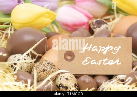 Text in English Happy Easter on a label surrounded by chocolate eggs, chicken eggs and quail eggs and tulips Stock Photo