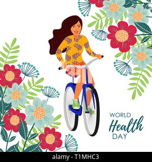 Healthy lifestyle. Vector illustration with girl on a bicycle and flowers on a white background. Stock Vector
