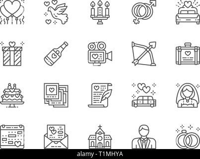 Set of Wedding Line Icons. Bridal Bed, Limousine, Bride, Bridegroom and more. Stock Vector
