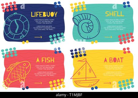 Set Abstract landing page pattern with different element, text block and doodle plant, cactus, flower, leaf icon. Vector fun background Stock Vector