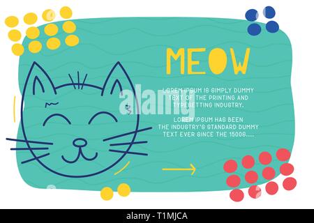Abstract landing page pattern with different element, text block and doodle cat icon. Vector fun background Stock Vector