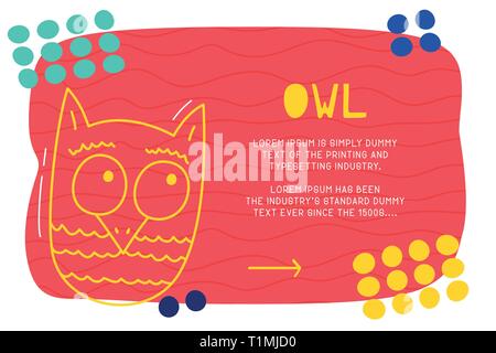 Abstract landing page pattern with different element, text block and doodle owl icon. Vector fun background Stock Vector