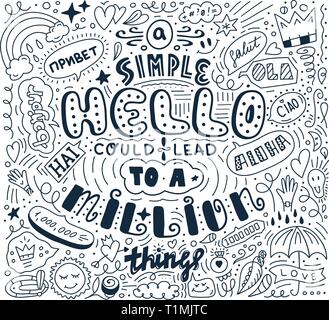 Lettering simple hello in different language doodle quote in sketch style. Hand draw beautiful phrase. Motivation concept Stock Vector