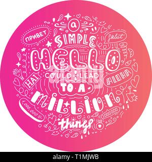 Lettering simple hello in different language doodle quote in sketch style. Hand draw beautiful phrase. Motivation concept Stock Vector