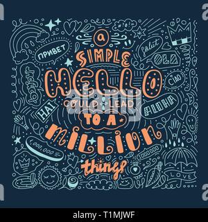 Lettering simple hello in different language doodle quote in sketch style. Hand draw beautiful phrase. Motivation concept Stock Vector