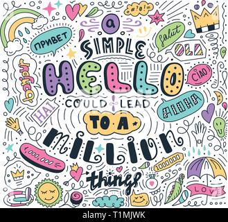 Lettering simple hello in different language doodle quote in sketch style. Hand draw beautiful phrase. Motivation concept Stock Vector
