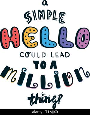 Lettering simple hello in different language doodle quote in sketch style. Hand draw beautiful phrase. Motivation concept Stock Vector
