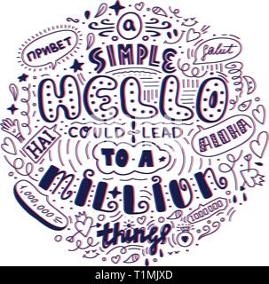 Lettering simple hello in different language doodle quote in sketch style. Hand draw beautiful phrase. Motivation concept Stock Vector