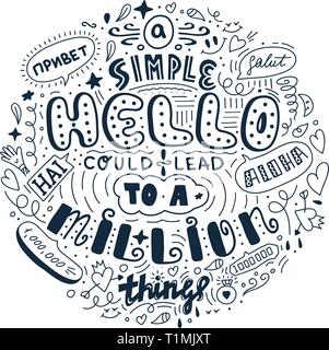 Lettering simple hello in different language doodle quote in sketch style. Hand draw beautiful phrase. Motivation concept Stock Vector