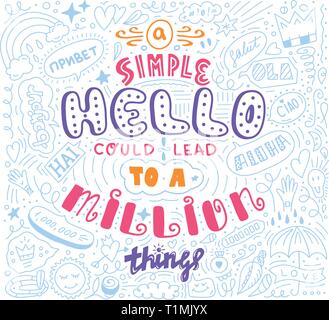 Lettering simple hello in different language doodle quote in sketch style. Hand draw beautiful phrase. Motivation concept Stock Vector