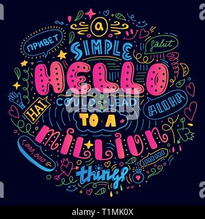Lettering simple hello in different language doodle quote in sketch style. Hand draw beautiful phrase. Motivation concept Stock Vector