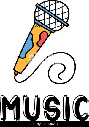 Hand draw microphone icon in doodle style for your design with lettering. Stock Vector