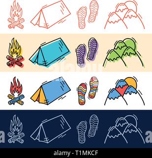 Hand draw travel tent, step, mountain icon set in doodle style for your design. Stock Vector