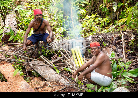 Indigenous Alfur hunters of the Nuaulu group making an Earth oven in the rainforest, Seram island, Maluku, Indonesia Stock Photo