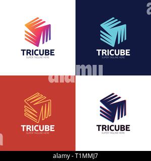 Tech Cube logo design template. Vector hexagon logotype illustration with stripe. Graphic modern box Stock Vector