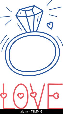 Hand draw love diamond ring icon in doodle style for your design with lettering. Stock Vector