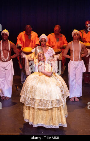A performance by the Brazilian Bale Folclorico da Bahia dance school in the heart of historic Salvador, Bahia Stock Photo