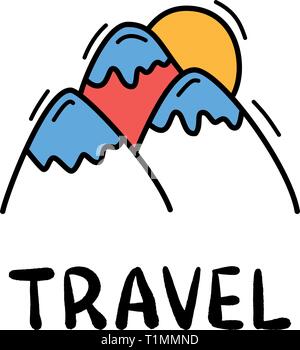 Hand draw Doodle mountain and sun travel icon. Stock Vector