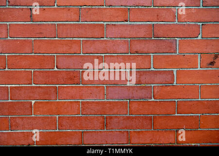 Closeup Section of plain wall 1950's red brick wall laid in courses of bricks Stock Photo