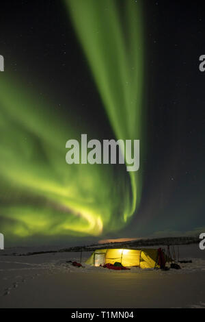 Aurora borealis over a winter ski touring tent. Finnmarksvidda Plateau. Finnmark, Arctic Norway.