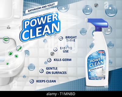 Bathroom cleaners ad poster, spray bottle mockup with detergent for bathroom sink and toilet with bubbles. 3d Vector illustration Stock Vector